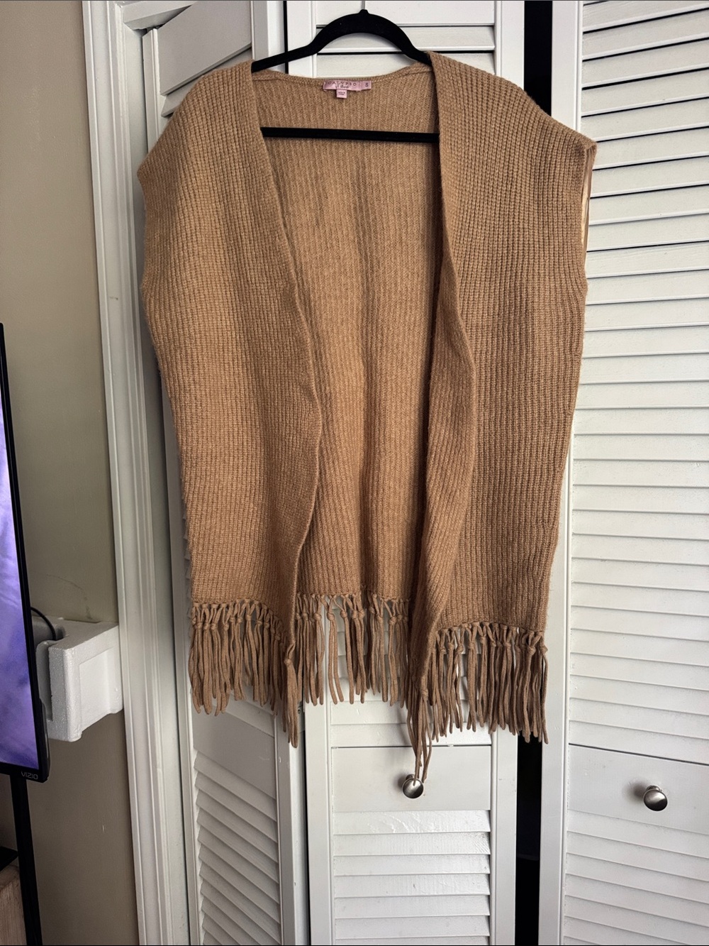 Calypso St. Barth Camel Fringe Open-Front Ribbed Poncho